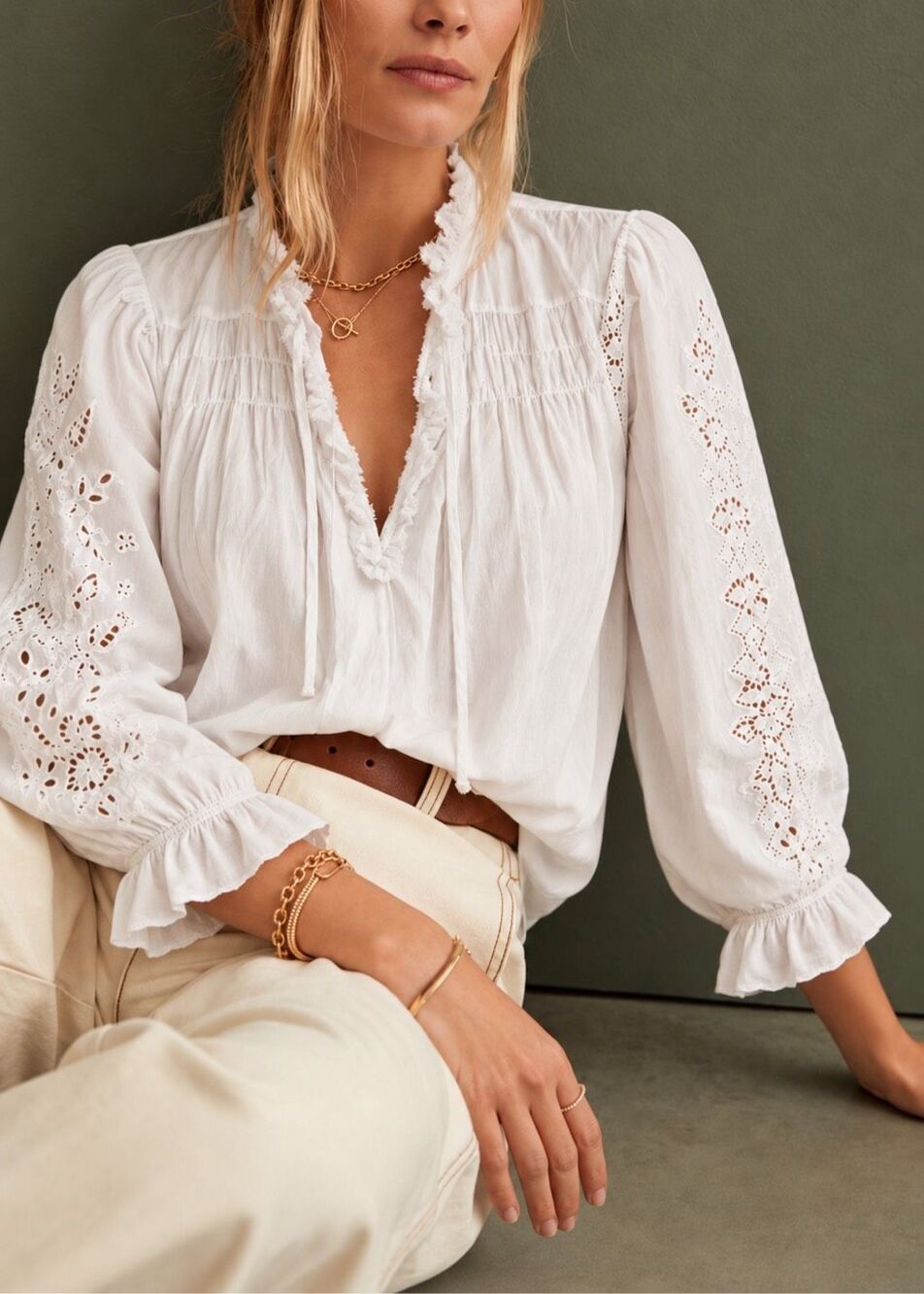 Generation Love White Cotton Eyelet Embroidered Ruffle Blouse, Sm $220 C18